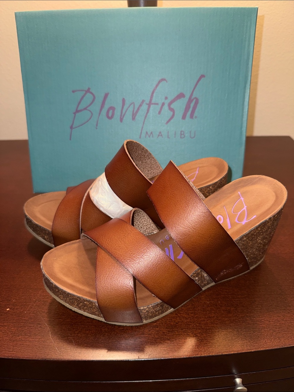 Blowfish Malibu Tan Brown Leather Wedge Slide Sandals
